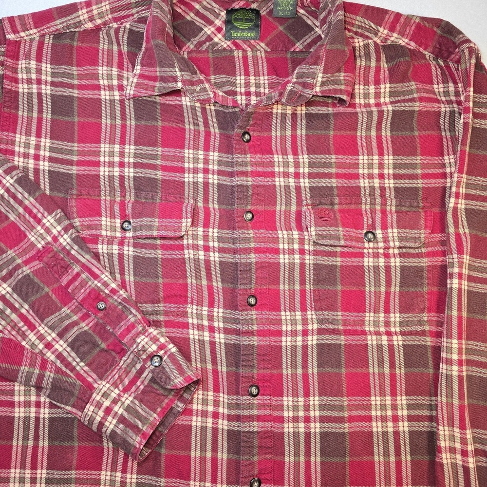 Timberland Mens XL Red Plaid Flannel Shirt Heavy Cotton Lumberjack Workwear‎